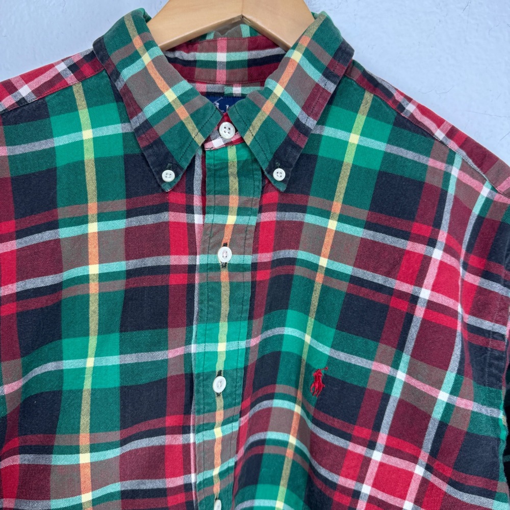 Ralph Lauren Dark Plaid Flannel Button Down Shirt Pony Logo Size L Tartan Preppy